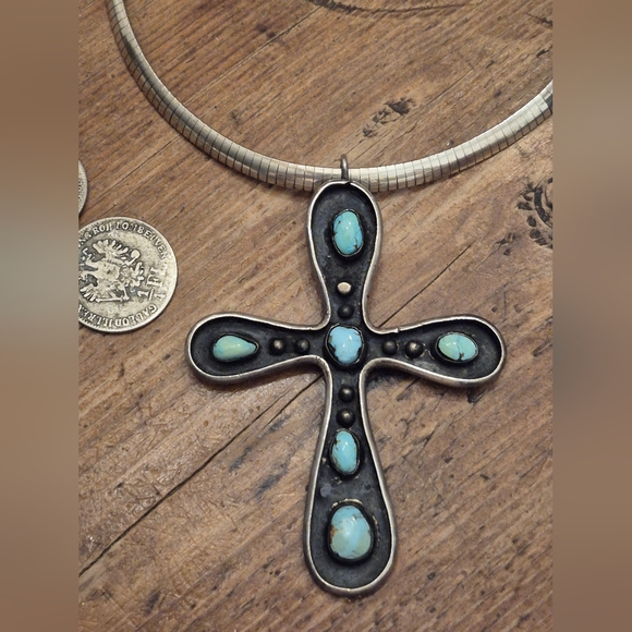 Huge Signed Navajo Sterling Turquoise Cross Pendant - Picture 1 of 10